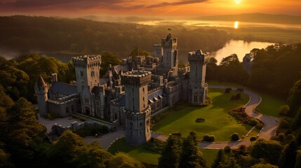 Ashford Castle at Sunset: Magnificent Fortress and Destination in County Mayo, Ireland