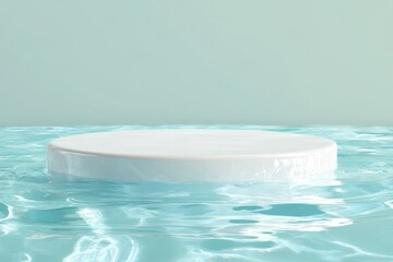 Blank White Round Stone Podium in Water on Blue Background Product Presentation Stand Mockup Minimalism