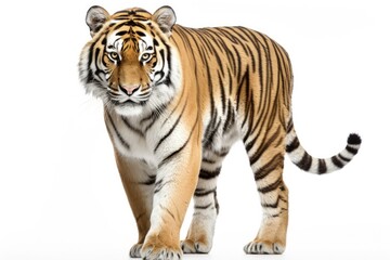 Obraz premium Striking Tiger Isolated on White Background - Captivating Beauty of a Young Bengal Beast from Asia and Africa