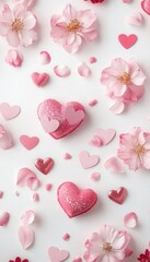 Fototapeta premium Romantic Pink Heart Shaped Treats Cherry Blossoms Valentine s Day Background
