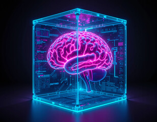 A glowing neon brain encased in a transparent box, symbolizing creativity and innovation in a modern design.