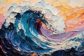 Impasto ocean wave painting, vibrant blues, purples, and warm yellows create a dynamic, textured...