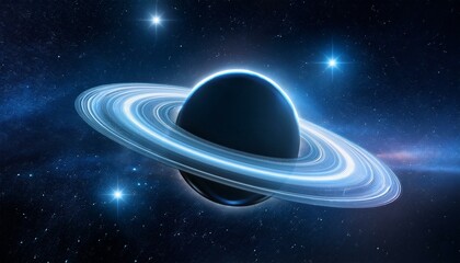 깊은 우주 속에서 빛나는 고리 형태의 행성, 행성 주위에 떠다니는 작은 별들이 강조된 장면