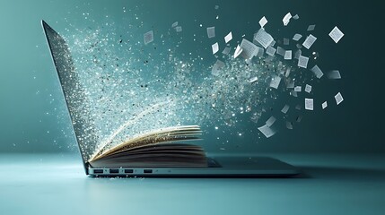 laptop screen transforms into an open book, with pages filled with text swirling and taking flight, symbolizing the boundless nature of information