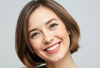 Portrait of a smiling woman with short hair and soft lighting