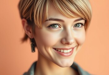 Fototapeta premium A smiling woman with short hair and a warm tone
