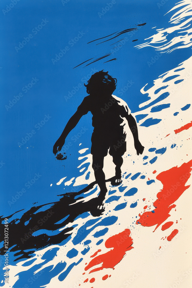 Aufkleber dynamic silhouette of a child in motion against a vibrant backdrop of blue and red hues capturing fr
