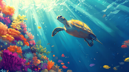 Fototapeta premium Sea turtle swims over a vibrant coral reef with colorful fish and a beam of sunlight. Radiant Reef. Illustration