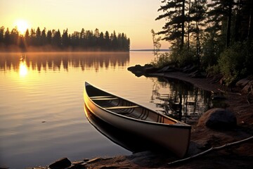 Obraz premium Tranquil Northern Minnesota Sunrise: Canoe along the Shoreline of Boundary Waters, Capturing the Solitude and Solace of Anglers