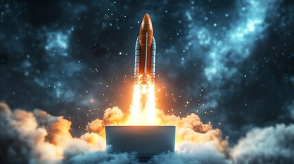 Rocket blasting off from a laptop in a vivid depiction of technology growth