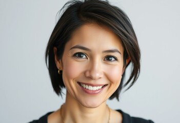 Portrait of a smiling woman with short dark hair