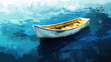Fototapeta premium A Small Rowboat Gently Floats On Calm Blue Water