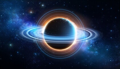 Obraz premium 깊은 우주 속에서 빛나는 고리 형태의 행성, 행성 주위에 떠다니는 작은 별들이 강조된 장면