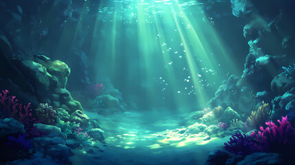 Underwater coral reef with sunlight streaming through water. Radiant Reef. Illustration