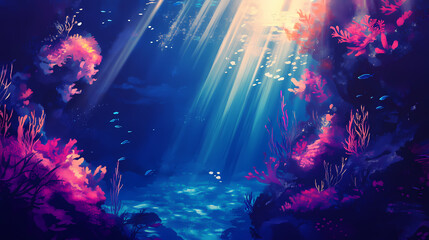 Obraz premium Underwater coral reef with sunlight streaming through water. Radiant Reef. Illustration