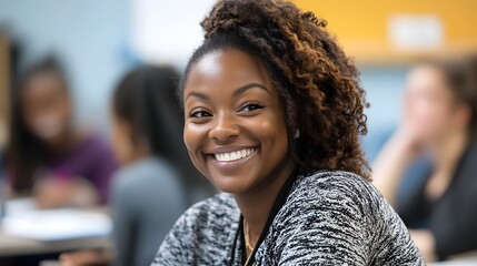 Teacher smiling at students in class