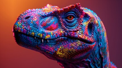 Obraz premium Abstract of Tyrannosaurus rex or T-rex dinosaur portrait in Cretaceous period with multi colored colorful on skin body paint, Vibrant bright gradients background