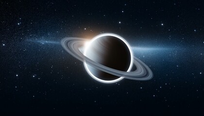 깊은 우주 속에서 빛나는 고리 형태의 행성, 행성 주위에 떠다니는 작은 별들이 강조된 장면