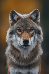 Fototapeta premium A dynamic wildlife photograph of a wolf , droplets of dew flying through the air, with focus on the wolf and blurred motion in the background, photorealistic.