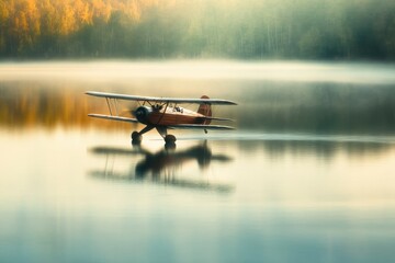 Vintage biplane gracefully floats on calm lake water at sunrise, reflecting serene autumnal scenery.