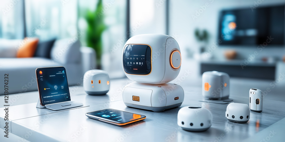 Poster ai device and smartphone integration in modern home setting enhancing user experience and functional
