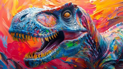 Obraz premium Abstract of Tyrannosaurus rex or T-rex dinosaur portrait in Cretaceous period with multi colored colorful on skin body paint, Vibrant bright gradients background
