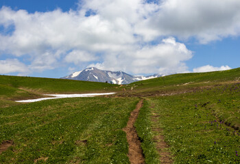 the beginning of the spring period in mountainous areas, remnants of snow cover and panoramic views...