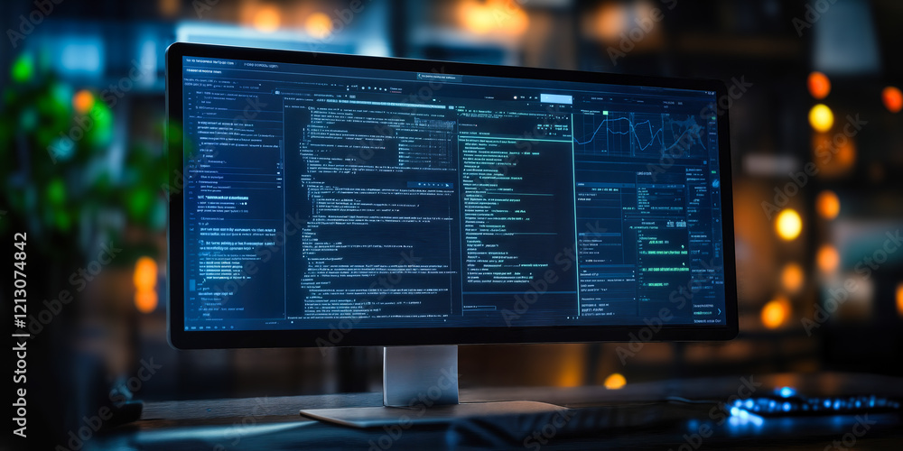 Poster ai and machine learning programming interface on desktop screen for quality testing in office enviro