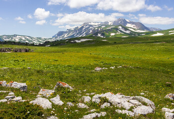 the beginning of the spring period in mountainous areas, remnants of snow cover and panoramic views...