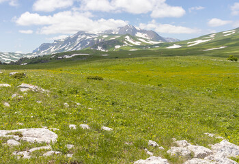 the beginning of the spring period in mountainous areas, remnants of snow cover and panoramic views...