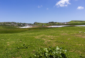 the beginning of the spring period in mountainous areas, remnants of snow cover and panoramic views...