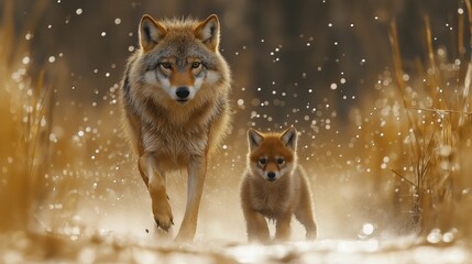 Obraz premium A dynamic wildlife photograph of a wolf , droplets of dew flying through the air, with focus on the wolf and blurred motion in the background, photorealistic.