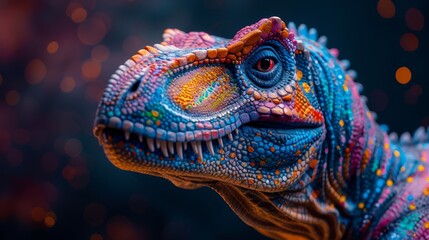 Obraz premium Abstract of Tyrannosaurus rex or T-rex dinosaur portrait in Cretaceous period with multi colored colorful on skin body paint, Vibrant bright gradients background