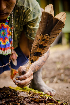 Sao Paulo, SP, Brazil - April 20 2023: Human hands dirty with paint holding bird feathers, indigenous event details.
