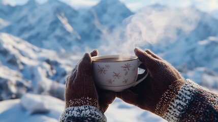 A close-up of hands in cozy gloves holding a tea cup with steam rising against a snowy mountain backdrop.