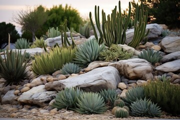 Fototapeta premium Xeriscaping with Agave and Rock. Green Accent for Drought Tolerant desert landscaping with Boulder, Rock, and Gravel
