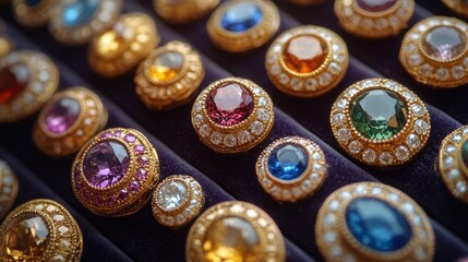 Colorful gems shine brightly in an elegant arrangement on luxurious fabric