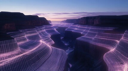 A vast illuminated canyon covered with cascading holographic grids