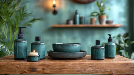 Elegant green ceramic containers and a soothing candle are arranged on a rustic wooden table, surrounded by lush greenery in a peaceful spa-like environment