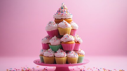 A cupcake tower centerpiece featuring a small birthday cake at the top, with sprinkles and colorful liners.