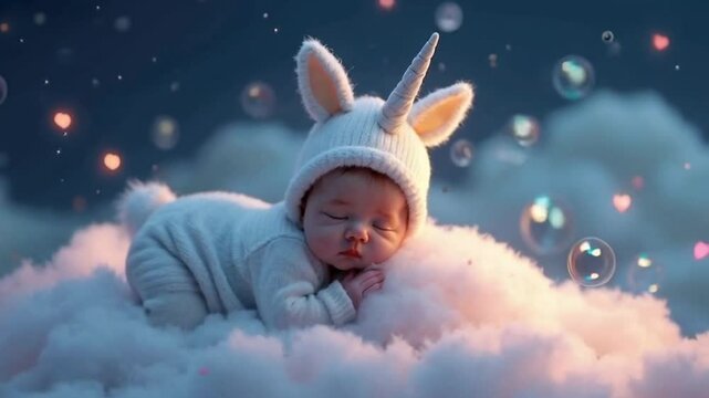 Lullaby For Babies video animation template looping Cute Baby sleep at night with unicorn clothes on cloud with stars, for live wallpaper