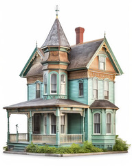 Obraz premium A cozy suburban duplex with a clean brick facade, white-framed windows, and a shared front yard