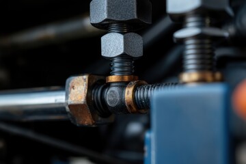 Naklejka premium Close-up of a nut and bolt being tightened in a mechanical assembly during routine maintenance