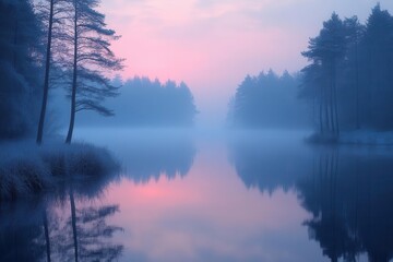 Fototapeta premium foggy lake at dawn enveloped in a mysterious atmosphere where soft pastels meet the still water creating a dreamlike landscape that invites contemplation and tranquility