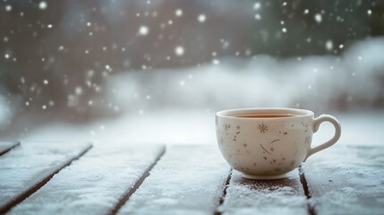 A delicate tea cup on a frosted wooden table, with snow falling gently in the background.