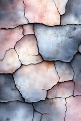 Obraz premium A textured wall with cracked paint, showcasing a blend of soft pinks, grays, and blues, creating an abstract and weathered appearance.
