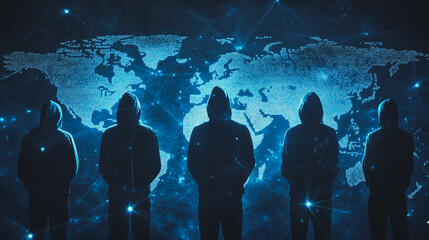 Obraz premium Hacker are planning to hack and attack networks and cyber security systems.team people innovation connection of line from nail node to node on map background , networking concept