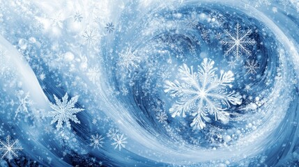 Winter vortex swirling snowflakes, icy background, holiday design
