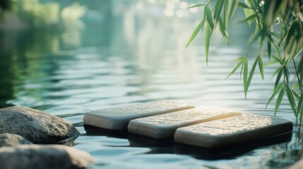  platform with stone podium for product display , water ripple, advertising concept