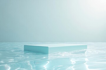 Fototapeta premium Blank Blue Square Stone Podium in Water on Blue Background Product Presentation Stand Mockup Minimalism